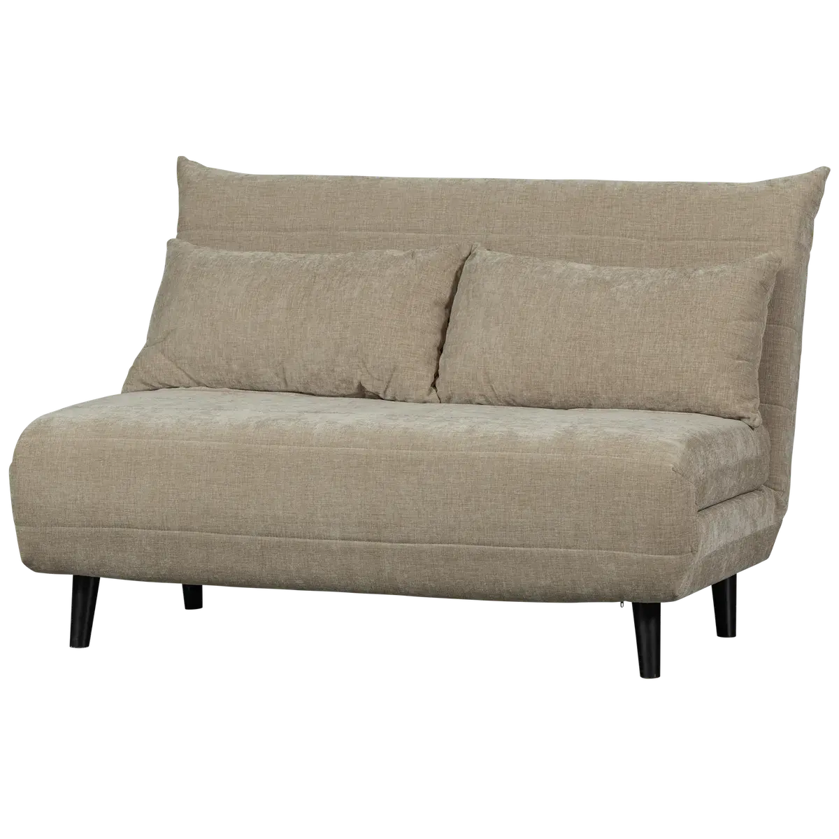 Liten sandfarget sovesofa uten armlener, med to ryggputer og svarte ben