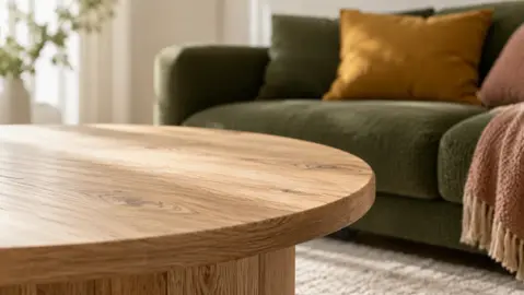 Nærbilde av en rund bordplate i eik med tydelige årer foran en mosegrønn sofa