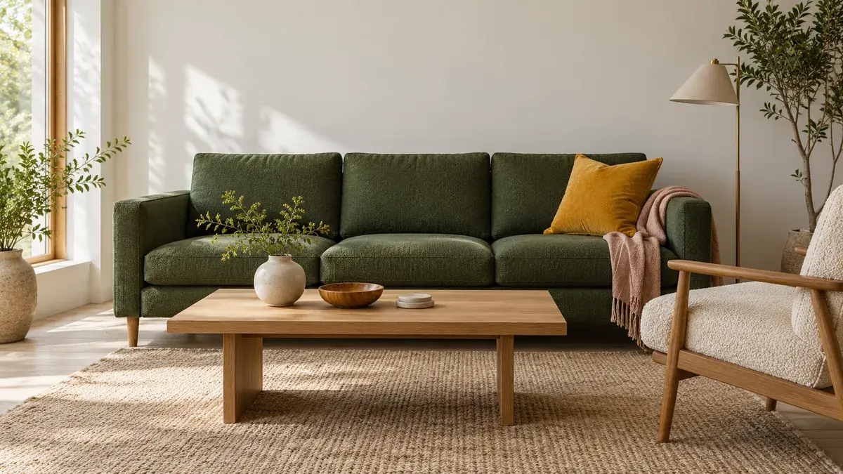 En mosegrønn tresetersofa med tre setputer står bak et rektangulært sofabord i lyst tre