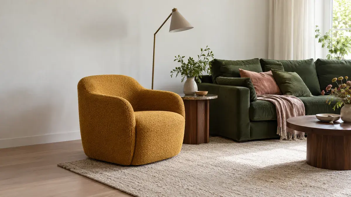 En sennepsgul lenestol i bouclé står ved en mosegrønn sofa og et rundt sidebord i en lys stue