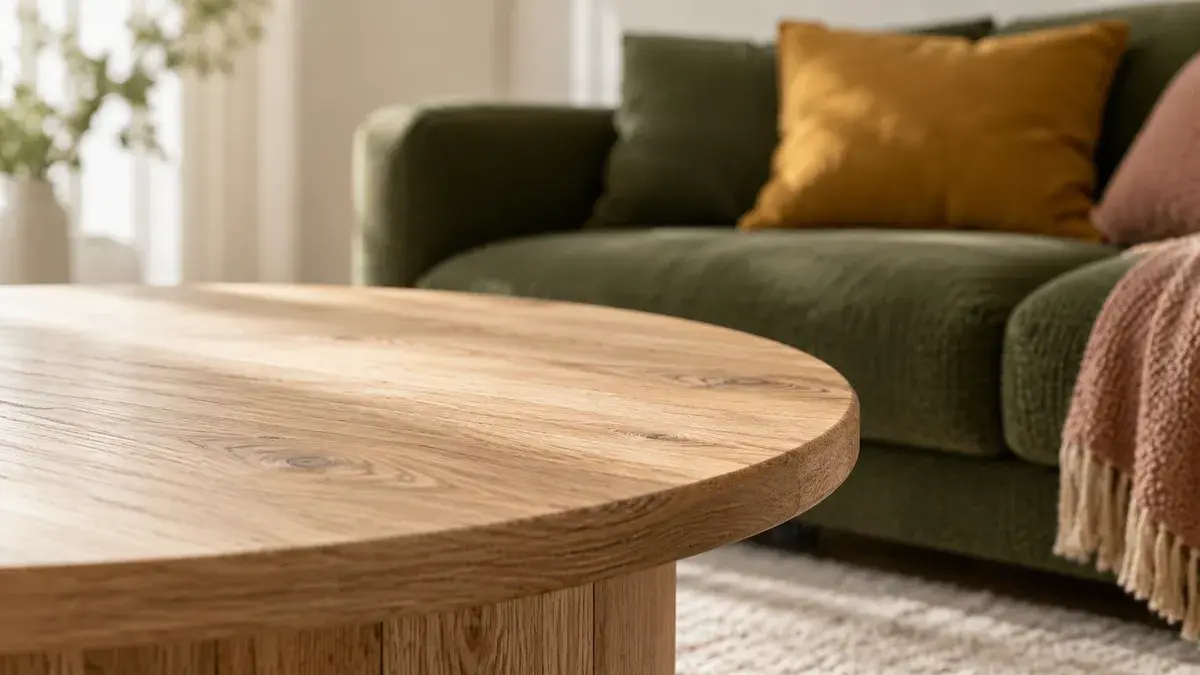 Nærbilde av en rund bordplate i eik med tydelige årer foran en mosegrønn sofa