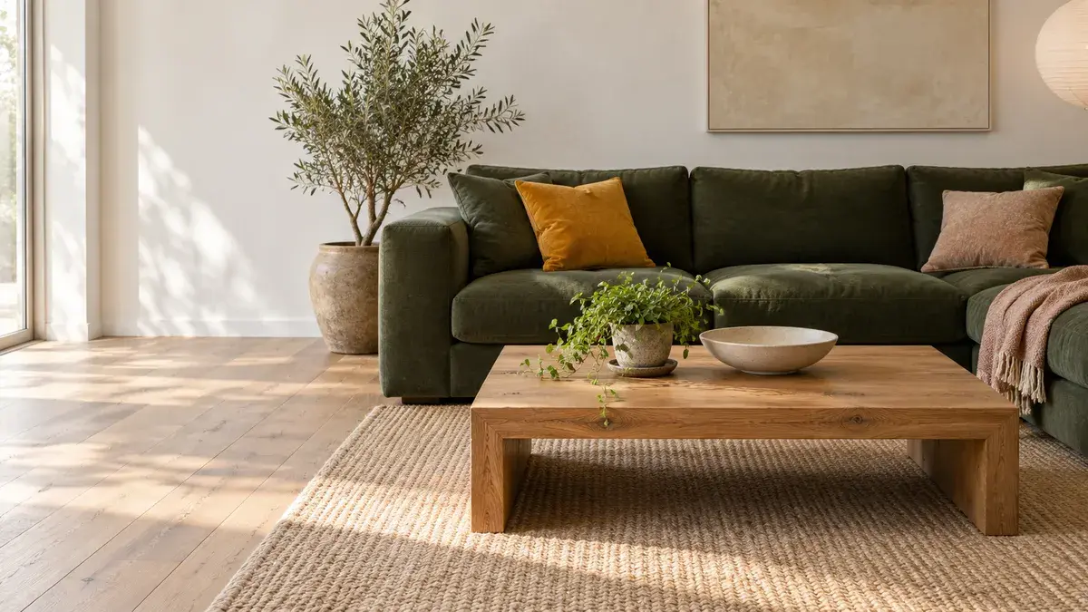 Et lavt, rektangulært sofabord i lyst tre står foran en mosegrønn sofa i en lys stue