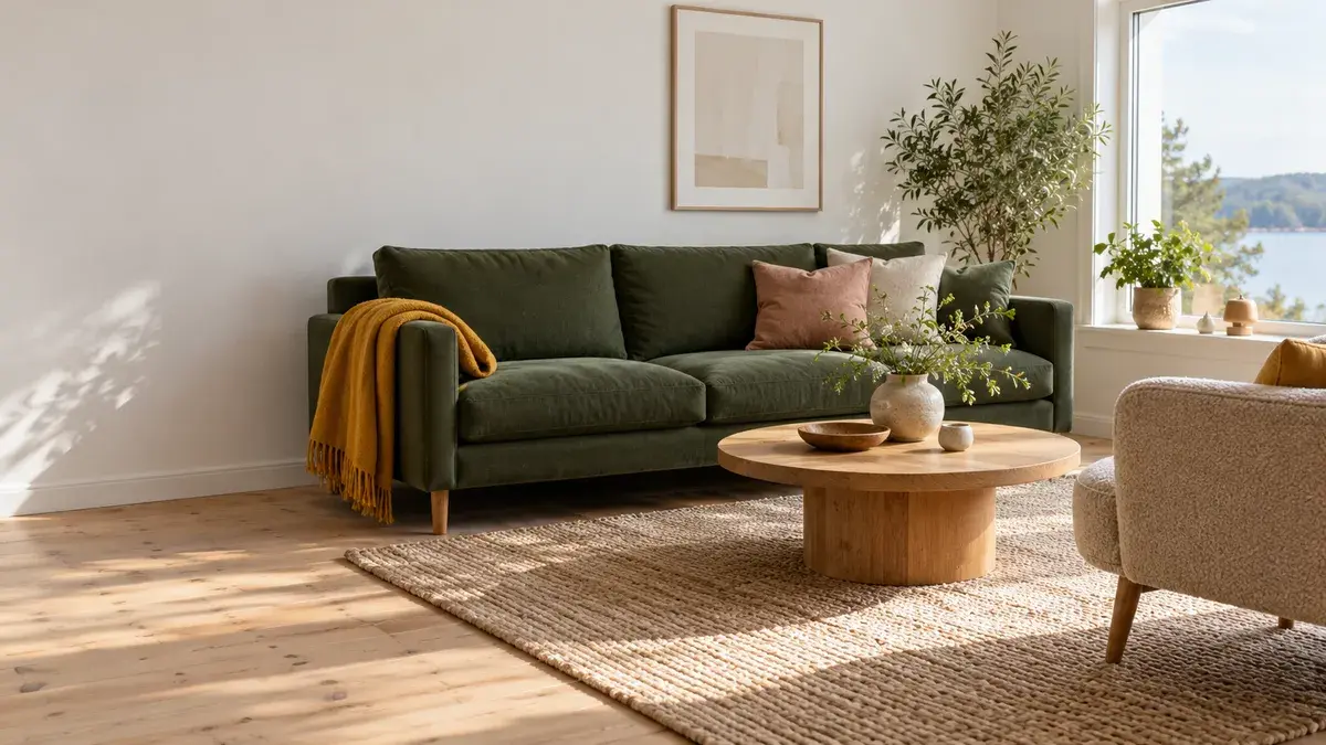 En mosegrønn sofa med puter i sennep og gammelrosa står mot en hvit vegg med et rundt sofabord foran