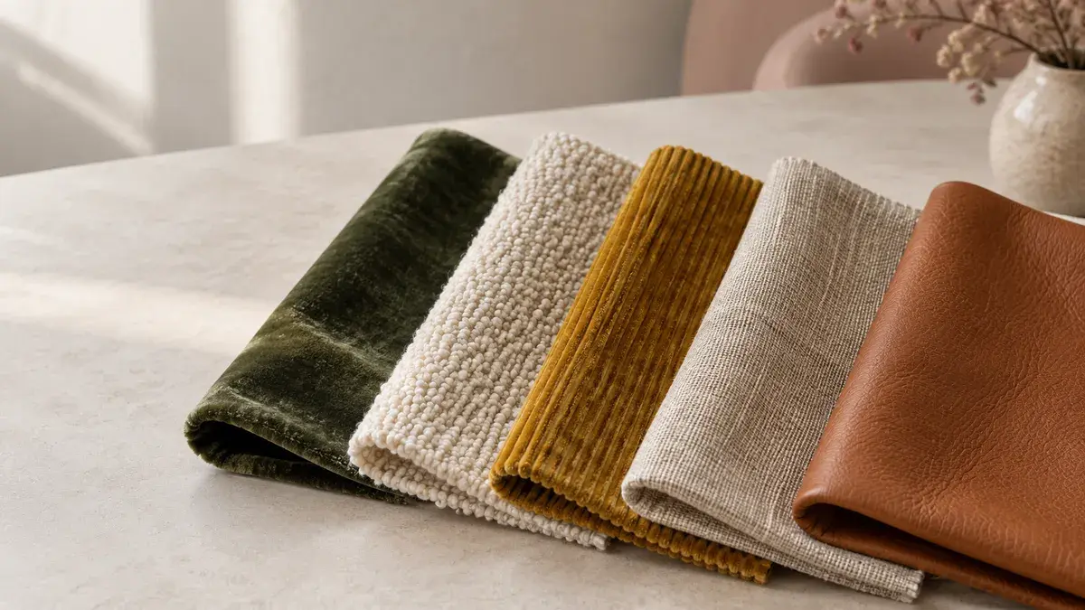 Fem stoffprøver lagt i vifte: mosegrønn fløyel, lys bouclé, sennepsgul kordfløyel, lin og konjakkbrunt skinn