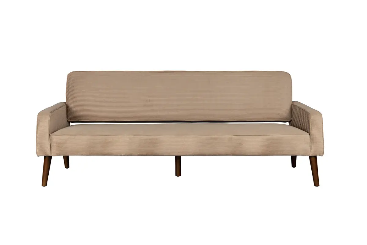 Beige Dutchbone Preston-sofa i ribbet stoff med armlener og koniske ben i mørkt tre