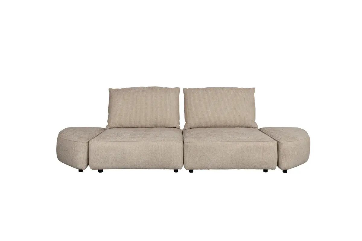 Beige modulsofa uten armlener, med to ryggputer og lave sideelementer i ribbet stoff